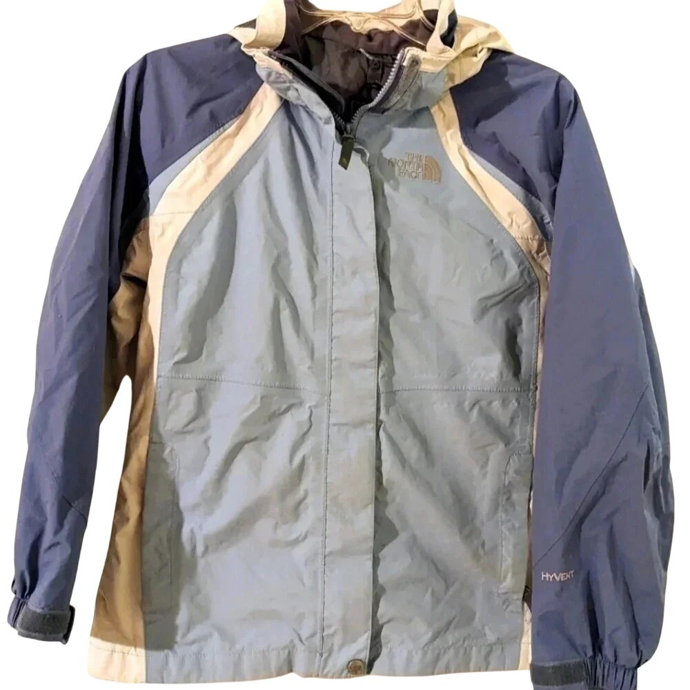 The North Face HyVent Girls Blue Jacket Hooded Full Zip L/G Layering Outdoors